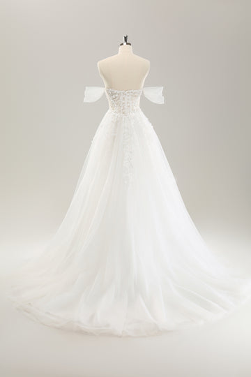 Vestido de novia de corsé de tul de tren de barrido de hombros de princesa con apliques